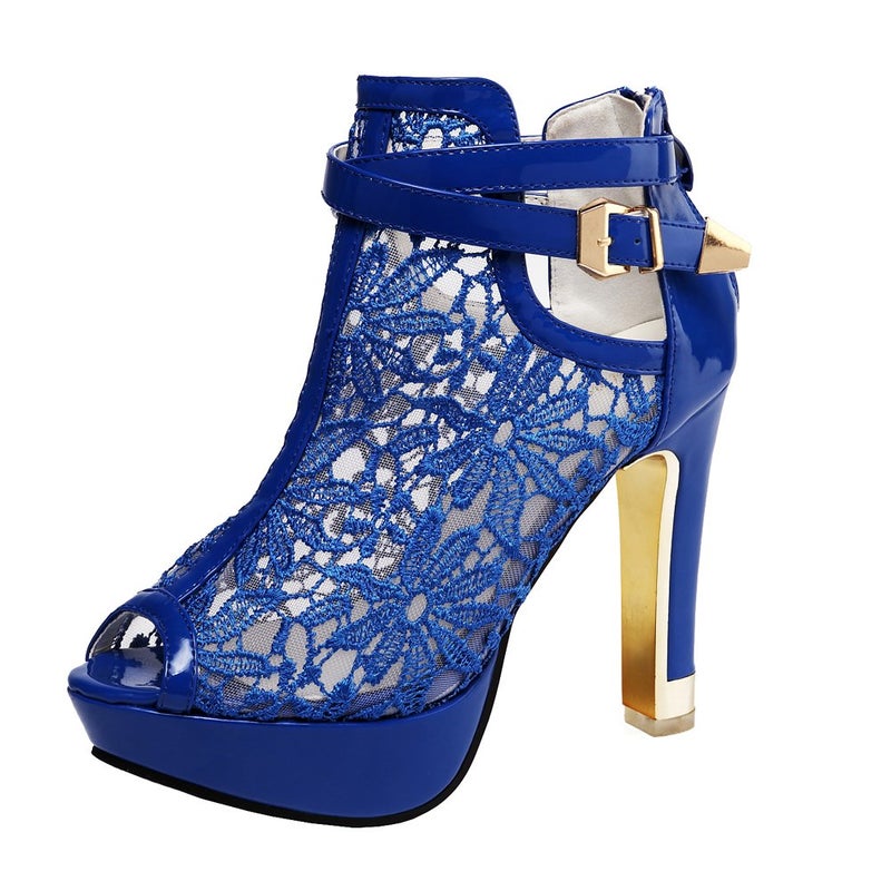 getmorebeauty Women's Pretty Lace Flowers Open Toes High Heels Ankle Boots (US 8, Blue) - Image 1